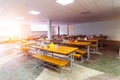 Chairs and tables. The dining hall in school is quarantined, isolation. Royalty Free Stock Photo