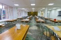 Chairs and tables. The dining hall in school is quarantined, isolation Royalty Free Stock Photo