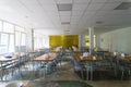 Chairs and tables. The dining hall in school is quarantined, isolation Royalty Free Stock Photo
