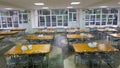 Chairs and tables. The dining hall in school is quarantined, isolation. Royalty Free Stock Photo