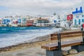 Chairs with tables in Greek tavern in Little Venice part of Mykonos town, Mykonos, Greece Royalty Free Stock Photo