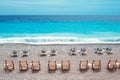 Chairs and tables on Nice beach along Promenade des Anglais