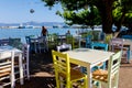 Early morning traditional colorful tavern restaurant by the harbour Royalty Free Stock Photo