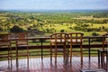 Chairs on terrace. Savanna landscape in Serengeti, Tanzania, Africa