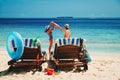 Chairs on tropical beach, family beach vacation Royalty Free Stock Photo