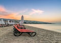 Chairs and umbrellas on a beautiful beach at sunrise in Sunny Beach on the Black Sea coast of Bulgaria Royalty Free Stock Photo