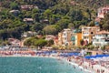 The sea and sandy beach Spiaggia di Fegina at the Cinque Terre Italy resort village of Monterosso Royalty Free Stock Photo