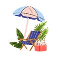 Chaise-longue, sunbed and sunshade umbrella. Summer holiday beach furniture for relax. Deckchair and parasol. Vacation