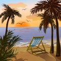 Chaise lounge, palms and sunset on the sea