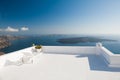 Chaise lounge on the terrace with sea view. Santorini island, Gr