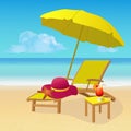 Chaise lounge with umbrella on idyllic tropical sandy beach.