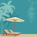 Chaise lounge and umbrella on sand beach. Vector illustration. Royalty Free Stock Photo