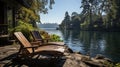 Chaise lounges on the shore of a lake