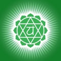 Chakra anahata. Green shining yoga symbol. Om sign. Sacral icon Royalty Free Stock Photo