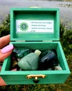 Chakra Box for Chakra Stones 7 Colours on a Stone in Nature Plants Spiritual HEART GREEN CHAKRA Royalty Free Stock Photo