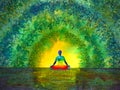 Chakra color human lotus pose yoga in green tree forest tunnel, abstract world, universe inside your mind mental, watercolor Royalty Free Stock Photo