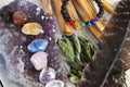 Chakra Healing Crystals and Amethyst Geode Royalty Free Stock Photo