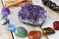 Chakra Healing Crystals and Amethyst Geode Royalty Free Stock Photo
