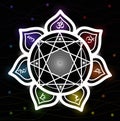 Chakra mandala with sanskrit symbols. Flower of life with seven chakras on black background. Sacred geometry vector illustration Royalty Free Stock Photo