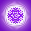 Chakra sahasrara. Purple shining yoga symbol. Om sign. Sacral icon