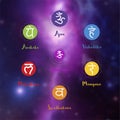 Chakras icons. Concept of chakras used in Hinduism, Buddhism and Ayurveda. For design, associated with yoga and India. Vector Royalty Free Stock Photo