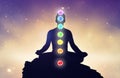 Chakras and meditating men in yoga lotus position. Mindfulness and self awereness practice. Silhiuette of meditation with chakras