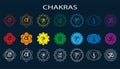 Chakras set: muladhara, swadhisthana, manipura, anahata, vishuddha, ajna, sahasrara. Vector line symbol. Om sign on a black