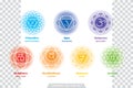 Chakras system of human body - used in Hinduism, Buddhism and Ayurveda. Man in padmasana - lotus asana. For design, associated wit Royalty Free Stock Photo