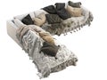 Chalet corner white velvet upholstery sofa with pillows, blankets and pelts. 3d render