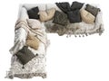 Chalet corner white velvet upholstery sofa with pillows, blankets and pelts. 3d render