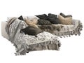 Chalet corner white velvet upholstery sofa with pillows, blankets and pelts. 3d render