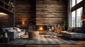 Chalet Cozy Interior  and Fireplace.  Modern Cottage Living Room Royalty Free Stock Photo