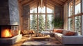 Chalet Cozy Interior  and Fireplace.  Modern Cottage Living Room Royalty Free Stock Photo
