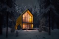 chalet with friendly yellow facade in night of mountain forest exterior of the winter chalet