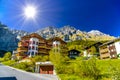 Chalet and hotels in swiss village in Alps, Leukerbad, Leuk, Vis Royalty Free Stock Photo