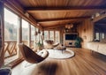 Chalet interior design of modern living room in wooden eco house in forest. Created with generative AI Royalty Free Stock Photo