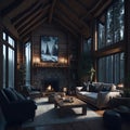 Chalet Interior Design Of Modern Living Room In Wooden House, Large Panoramic Windows With View, Armchairs and Sofas, Generative Royalty Free Stock Photo