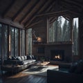 Chalet Interior Design Of Modern Living Room In Wooden House, Large Panoramic Windows With View, Armchairs and Sofas, Generative Royalty Free Stock Photo