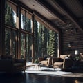 Chalet Interior Design Of Modern Living Room In Wooden House, Large Panoramic Windows With View, Armchairs and Sofas, Generative Royalty Free Stock Photo