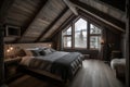 Chalet interior wooden style bedroom. Generate Ai