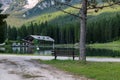 Chalet in Mosigo Lake in San Vito di Cadore inside Italian Dolomites Alps Scenery Royalty Free Stock Photo