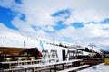 Chalet restaurant on slopes at Swiss Alps Royalty Free Stock Photo