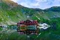 Chalet on shore Balea Lake is glacier lake in the Fagaras Mountains. Transfagarasan road. Beautiful mountains landscape. Royalty Free Stock Photo