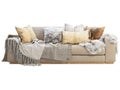 Chalet three-seat beige fabric upholstery sofa with pillows and pelts. 3d render Royalty Free Stock Photo