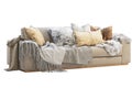 Chalet three-seat beige fabric upholstery sofa with pillows and pelts. 3d render Royalty Free Stock Photo