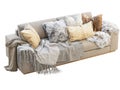 Chalet three-seat beige fabric upholstery sofa with pillows and pelts. 3d render Royalty Free Stock Photo