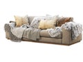 Chalet three-seat beige fabric upholstery sofa with pillows and pelts. 3d render Royalty Free Stock Photo