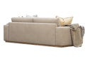 Chalet three-seat beige fabric upholstery sofa with pillows and pelts. 3d render Royalty Free Stock Photo