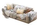 Chalet three-seat beige fabric upholstery sofa with pillows and pelts. 3d render Royalty Free Stock Photo