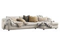 Chalet three-seat white velvet upholstery sofa with pillows and pelts. 3d render Royalty Free Stock Photo